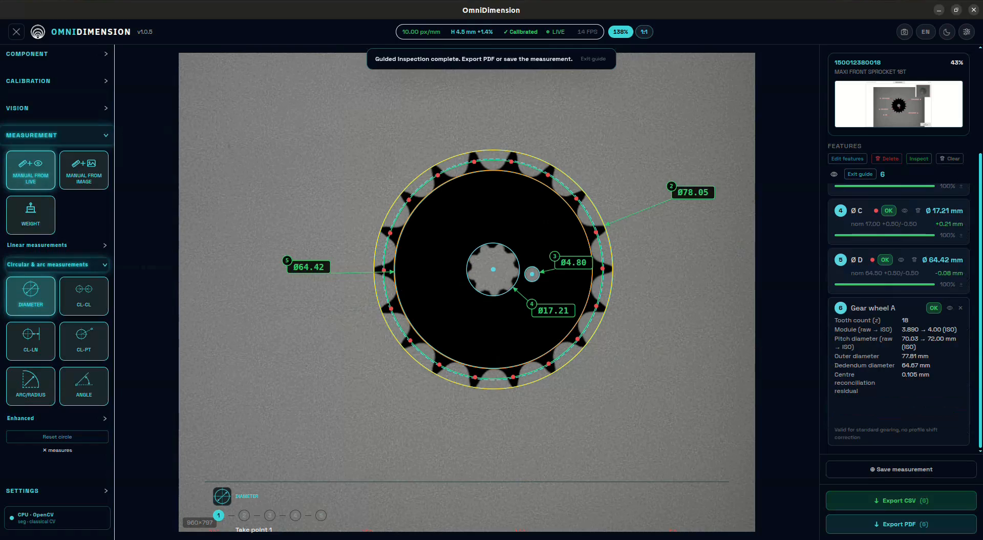 OmniDimension inspection screen after a guided measurement, ready to export