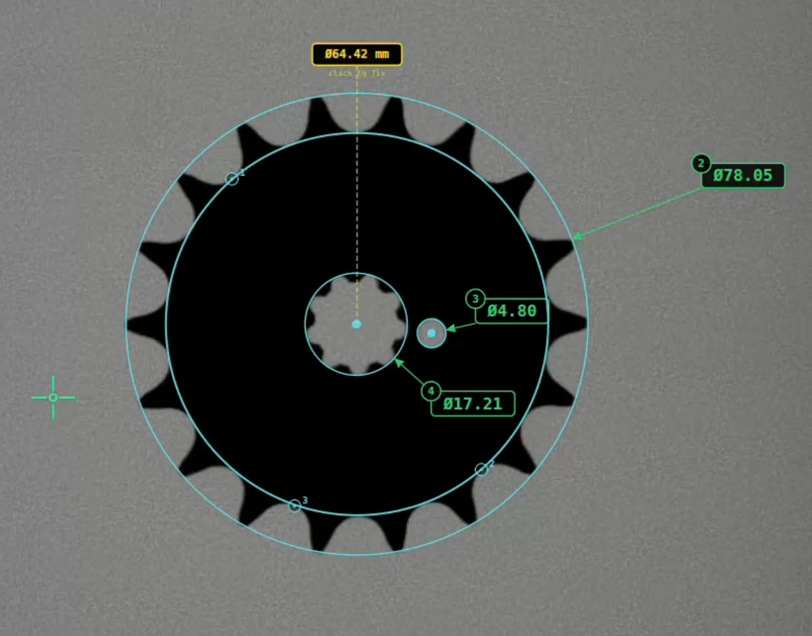 OmniDimension measuring a gear with diameter callouts in millimeters