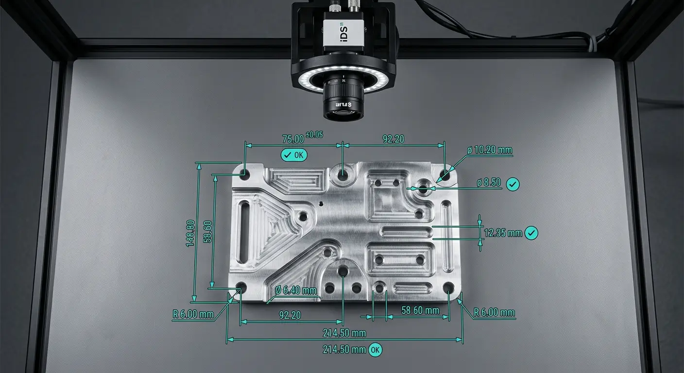 OmniDimension measuring a machined plate with dimension callouts in millimeters