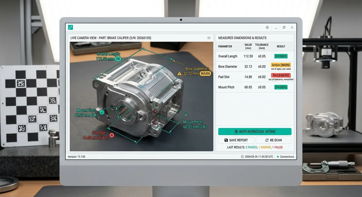 OmniDimension inspection software: live measurement overlay with per-dimension OK, WARN and FAIL results